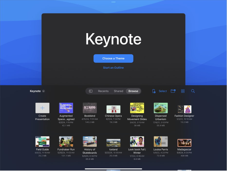 The Keynote document manager with buttons to create a slideshow from a theme or an outline at the top of the screen, and controls to open saved presentations at the bottom.