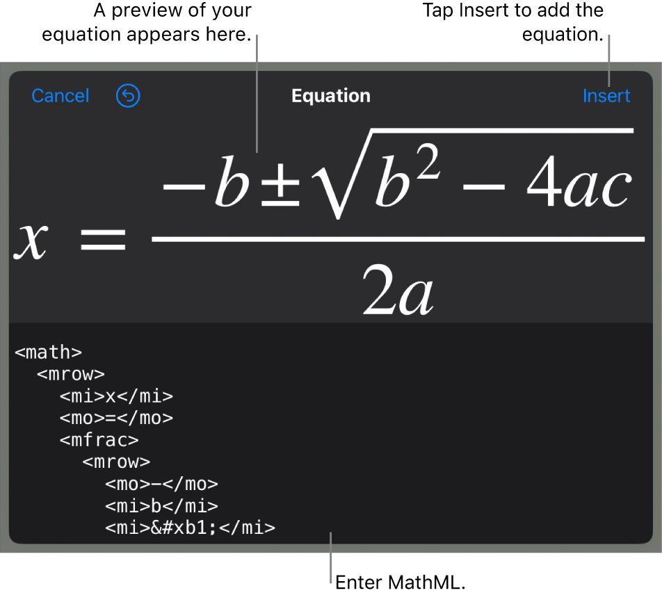 The Equation dialogue, showing an equation written using MathML commands, and a preview of the formula above.