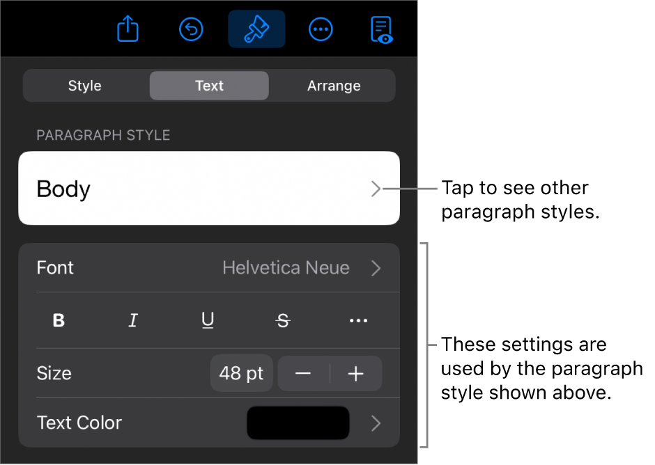 The Format menu showing text controls for setting paragraph and character styles, font, size, and color.