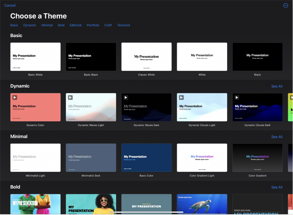 The theme chooser, showing a row of categories across the top that you can tap to filter the options. Below are thumbnails of predesigned themes arranged in rows by category, starting with Basic at the top and followed by Dynamic, Minimal, and Bold. A See All button appears above and to the right of each category row. The Cancel button is in the top-left corner.