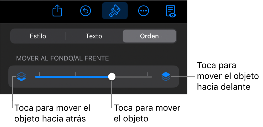 Botón Mover hacia atrás, botón Mover hacia delante y regulador de capa.