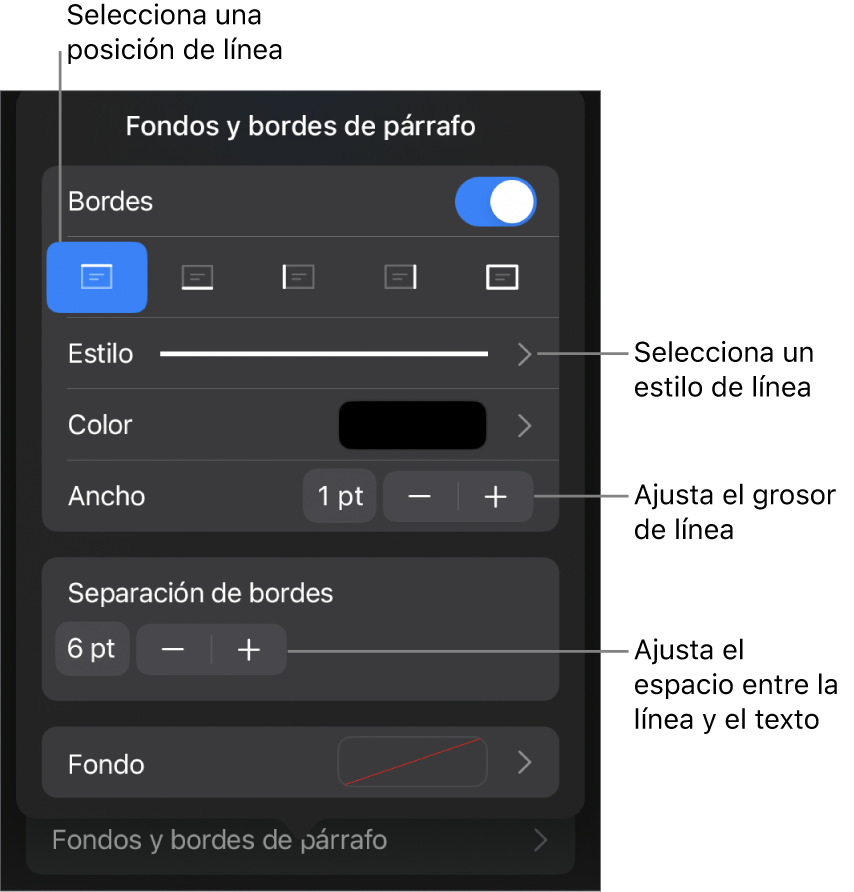 Controles para cambiar el estilo de línea, grosor, posición y color.