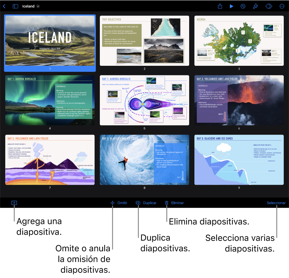 Vista de mini panorama con botones en la parte inferior de la pantalla para agregar, omitir, duplicar y eliminar diapositivas, y para seleccionar varias diapositivas.