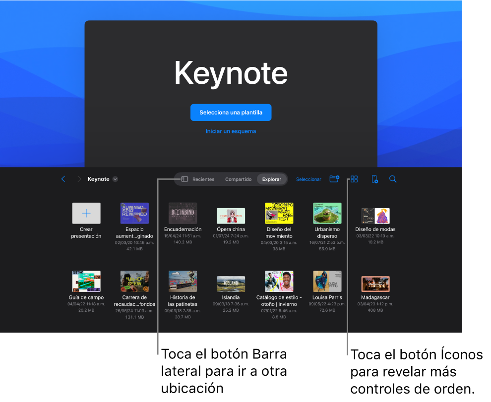 La vista de exploración del administrador de documentos con el botón Barra lateral en la esquina superior izquierda. En la parte superior derecha están el botón Agregar, el botón Nueva carpeta, el botón Íconos (para ordenar por nombre, fecha, tamaño o etiqueta), el botón Seleccionar y el botón Buscar. Debajo hay miniaturas de las presentaciones existentes.