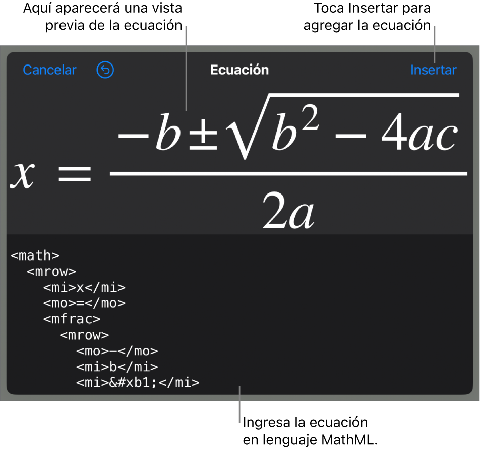 El cuadro de diálogo Ecuación con una ecuación escrita con comandos de MathML y una vista previa de la fórmula encima.
