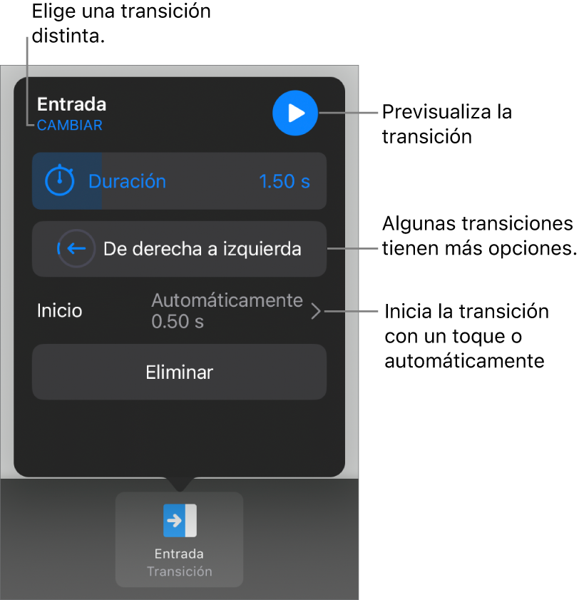 Controles del panel Opciones para modificar una transición.