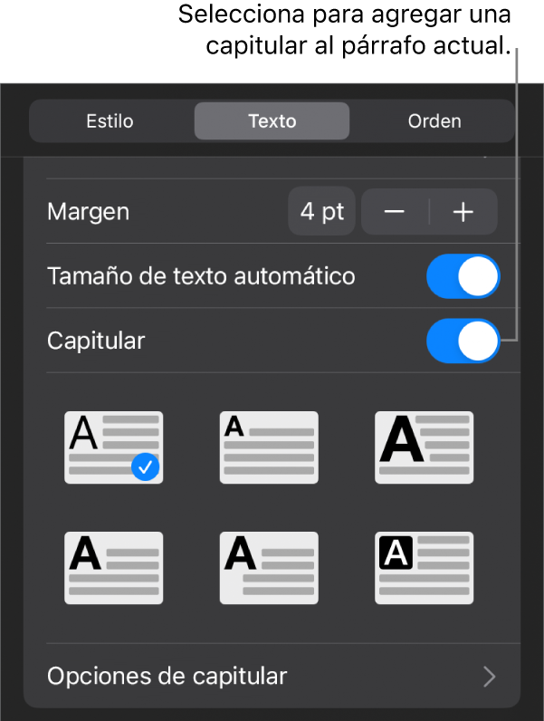 Los controles de letra capitular en el menú Texto.