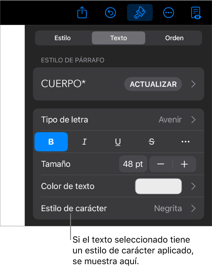 Los controles de formato de texto con Estilo de carácter debajo de los controles de color. El estilo de carácter Ninguno aparece con un asterisco.