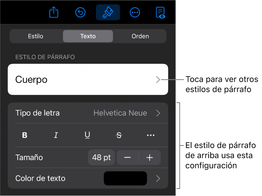 El menú Formato mostrando los controles de texto para configurar los estilos de párrafo y carácter, tipo de letra, tamaño y color.