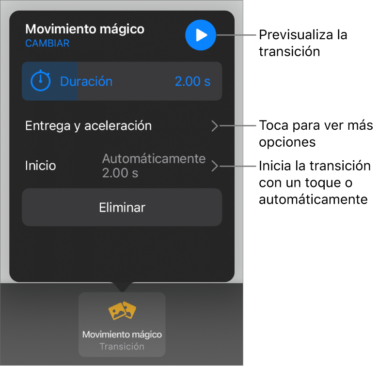Controles de Movimiento mágico en el panel Transiciones.