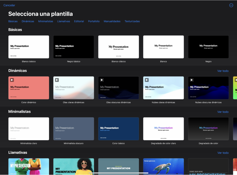 El selector de plantilla muestra una fila de categorías a lo largo de la parte superior en las que puedes tocar para filtrar las opciones. Debajo se encuentran miniaturas de plantillas prediseñadas organizadas por categoría.