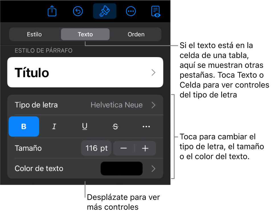 Controles de texto en el menú Formato para configurar los estilos de párrafo y carácter, tipo de letra, tamaño y color.