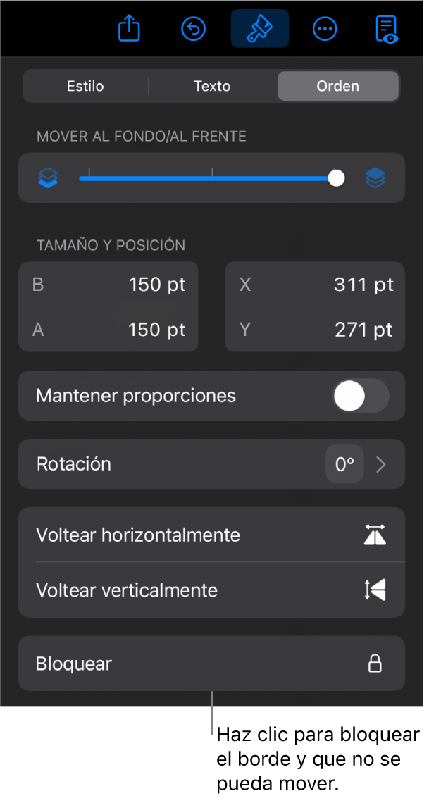 Los controles Disposición del menú Formato con un mensaje en la opción Bloquear.