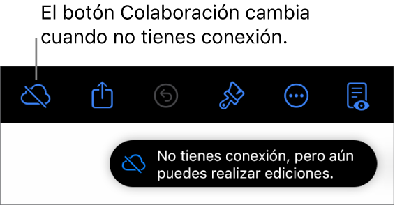 Los botones de la parte superior de la pantalla, con el botón Colaboración cambiado a una nube con una línea diagonal que la atraviesa. Un aviso en la pantalla dice “No tienes conexión, pero aún puedes realizar ediciones”.