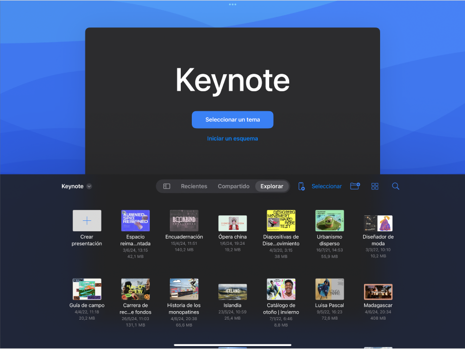 En la parte superior de la pantalla aparece el gestor de documentos de Keynote con botones para crear un pase de diapositivas a partir de un tema o un esquema y, en la parte inferior, controles para abrir presentaciones guardadas.