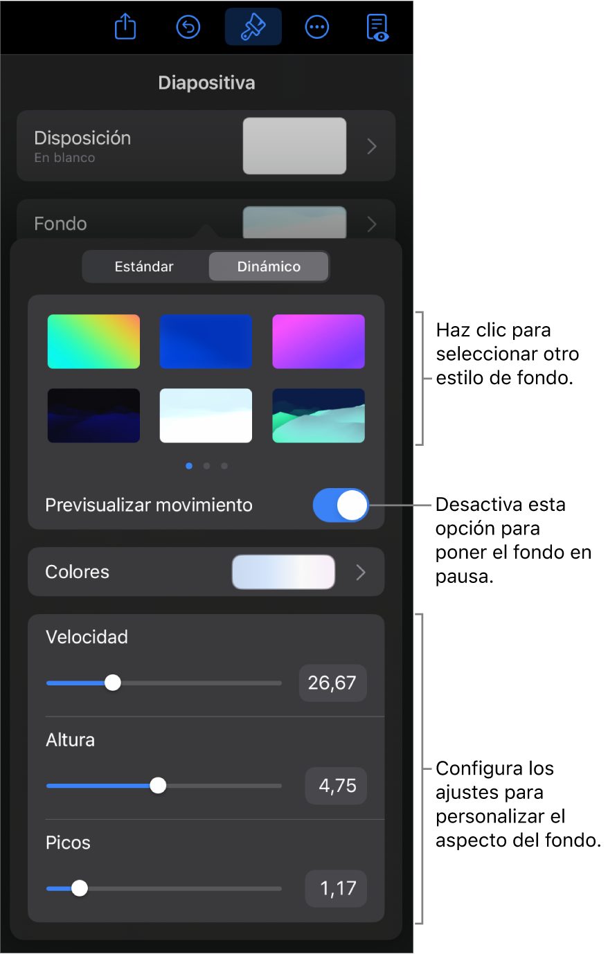 Los controles de fondo dinámico con las miniaturas de estilo de fondo, el botón “Previsualizar movimiento” y los controles de personalización.