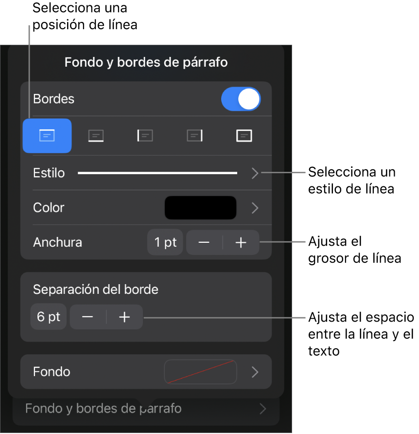 Controles para cambiar el estilo de línea, grosor, posición y color.