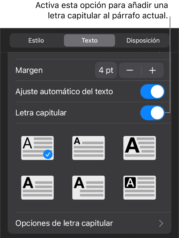 Los controles de “Letra capitular” situados en el menú Texto.