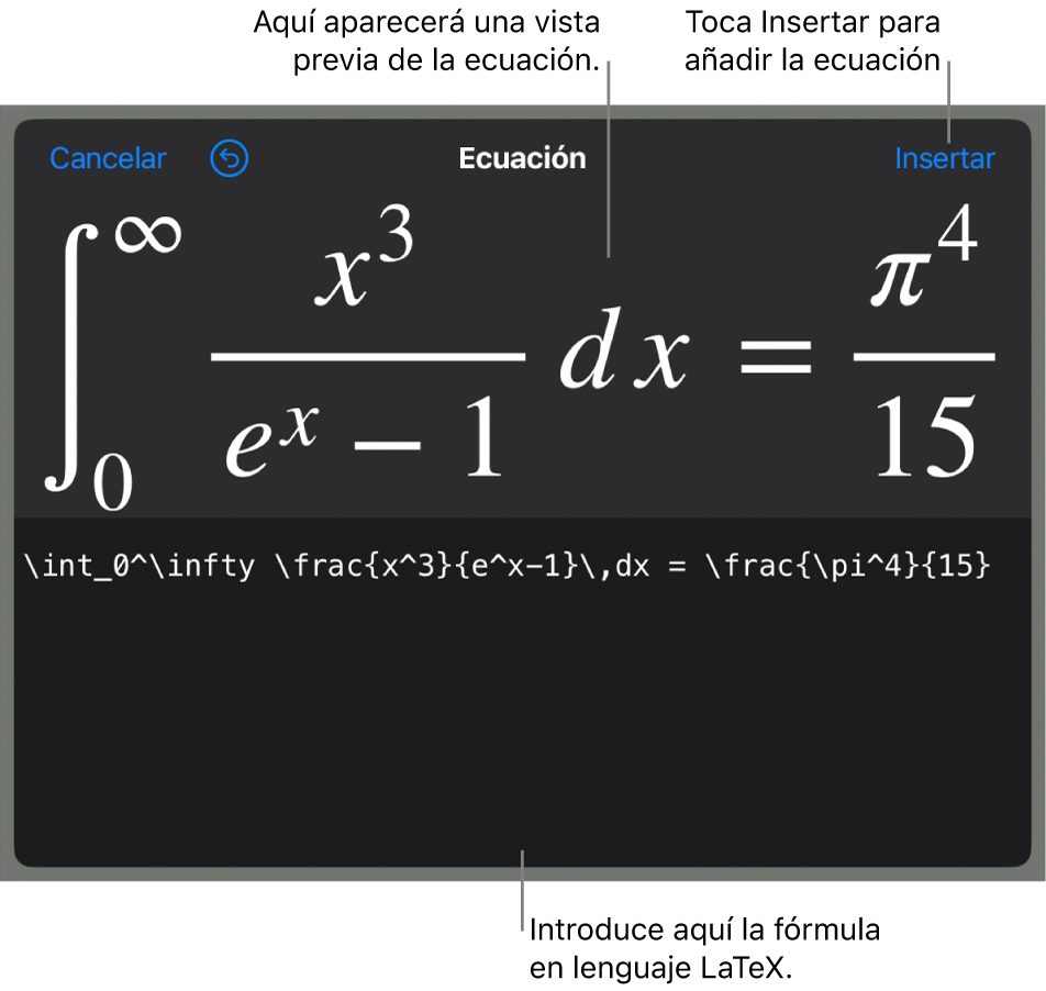 El diálogo Ecuación con una ecuación escrita con comandos de LaTeX y una previsualización de la fórmula encima.