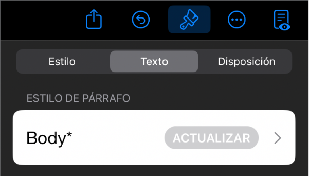 Un estilo de párrafo con un asterisco junto a él y un botón Actualizar a la derecha.