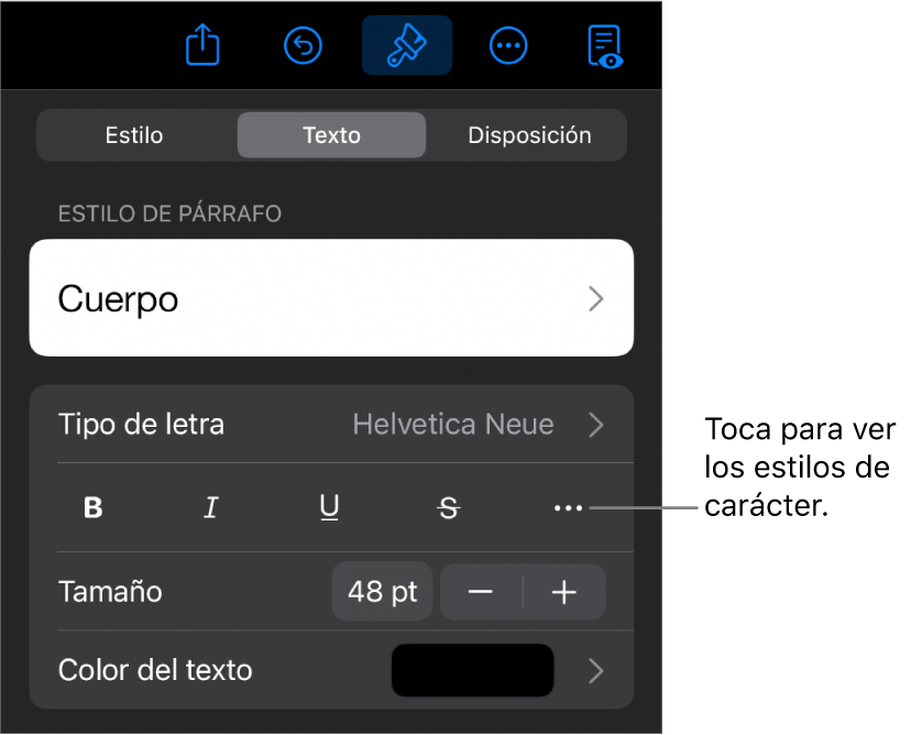 Los controles de Formato con los estilos de párrafo en la parte superior y, después, los controles de “Tipo de letra”. Debajo de “Tipo de letra” están los botones Negrita, Cursiva, Tachado y “Más opciones de texto”