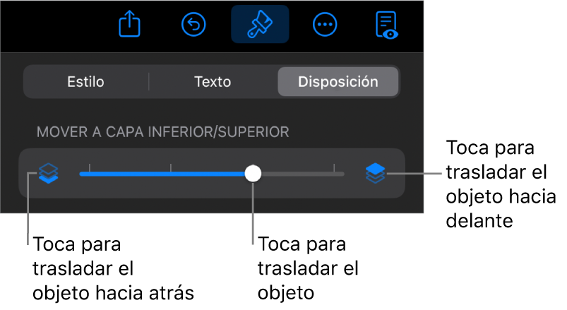 Botón “Mover hacia atrás”, botón “Mover hacia delante” y regulador de capa.