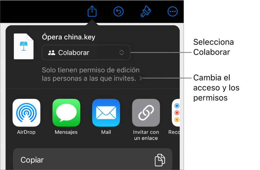 El menú Compartir con la opción Colaborar seleccionada en la parte superior y los ajustes de acceso y permisos debajo.