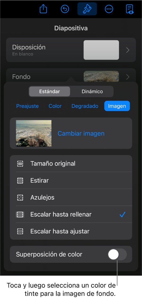 Los controles de Fondo con una imagen establecida como el fondo de la diapositiva y el control “Superposición de color” en la parte inferior.