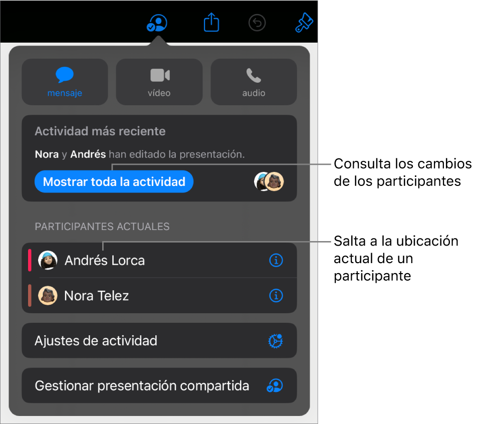 El menú de colaboración con los participantes actuales.