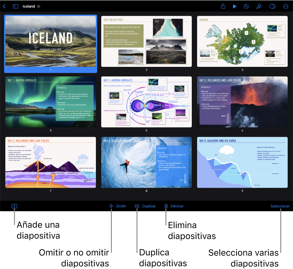 Vista de mesa luminosa con botones en la parte inferior de la pantalla para añadir, omitir, duplicar y eliminar diapositivas, y para seleccionar varias diapositivas a la vez.