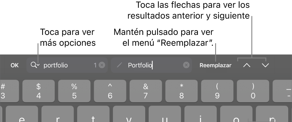 Los controles de “Buscar y reemplazar” en la parte superior del teclado con llamadas a los botones “Opciones de búsqueda”, Reemplazar, Arriba y Abajo.