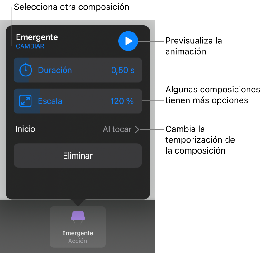 Las opciones de composición incluyen los tiempos de Duración e Inicio. Toca Cambiar para seleccionar otra composición o toca Previsualización para previsualizar la composición.