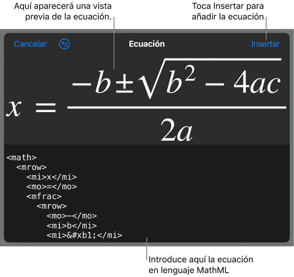 El diálogo Ecuación con una ecuación escrita con comandos de MathML y una previsualización de la fórmula encima.