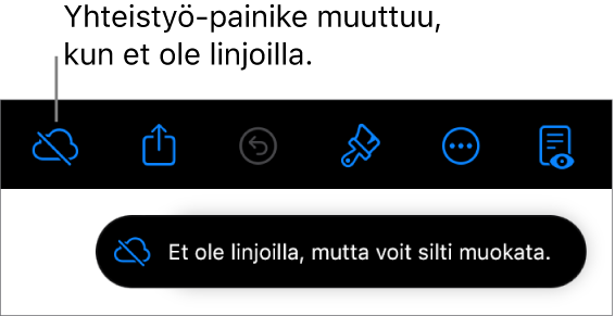 Näytön yläreunalla näkyy painikkeita, Yhteistyö-painike muuttuu pilven kuvaksi, jonka läpi menee vinottainen viiva. Näytöllä näkyvässä ilmoituksessa lukee ”Et ole linjoilla, mutta voit silti muokata.”