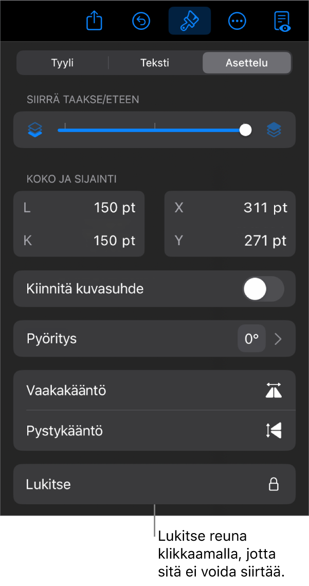 Järjestä-säätimet Muoto-valikossa, ja Lukitse-painike näkyy korostettuna.