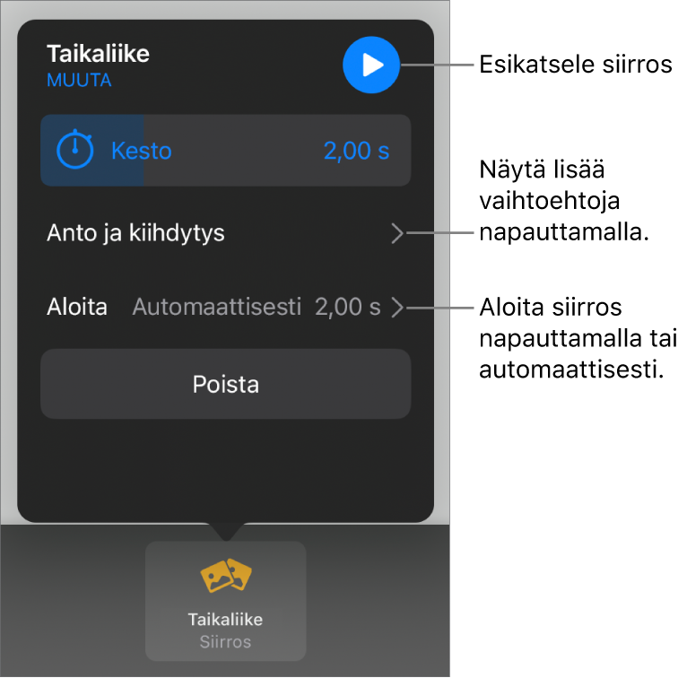 Siirrokset-osion Taikaliike-säätimet.