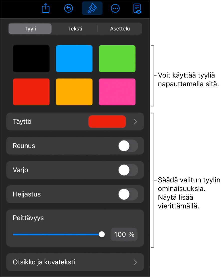 Muoto-valikon Tyyli-välilehti, jossa on ylhäällä objektityylejä ja niiden alla säätimiä, joilla muutetaan reunoja, varjoa, heijastusta ja peittävyyttä.