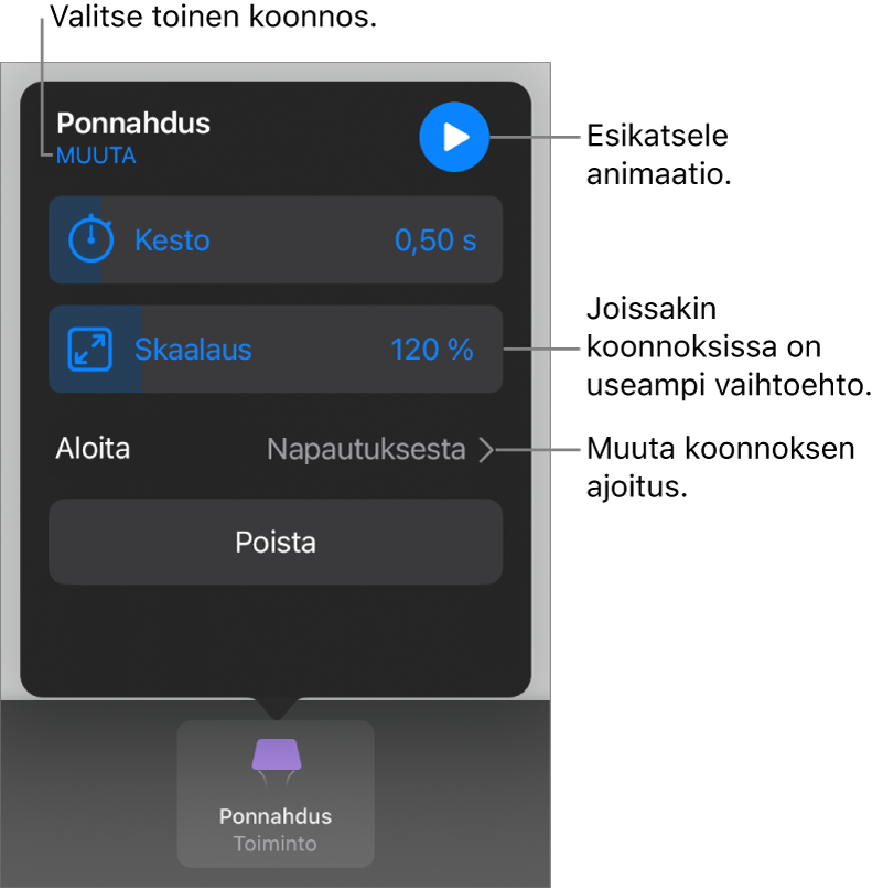 Koonnosvalintoihin sisältyy Kesto ja Aloituksen ajoitus. Valitse toinen koonnos napauttamalla Muuta tai esikatsele koonnosta napauttamalla Esikatsele.
