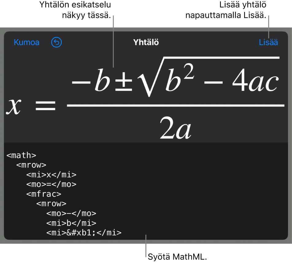 Yhtälö-valintaikkuna, jossa näkyy MathML-komentoja käyttäen syötetty yhtälö, ja yllä kaavan esikatselu.
