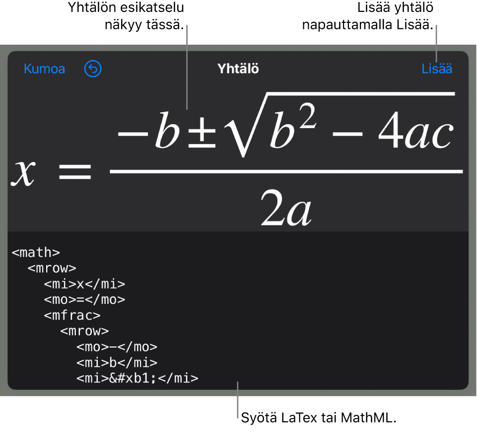 Yhtälö-valintaikkuna, jossa näkyy MathML-komentoja käyttäen syötetty yhtälö, ja yllä kaavan esikatselu.