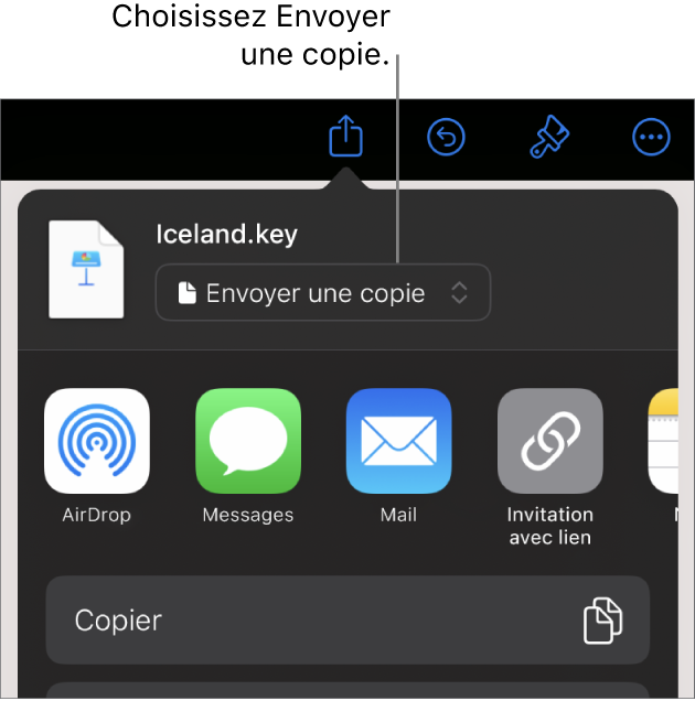 Le menu Partager avec l’option Envoyer une copie sélectionnée dans le haut.
