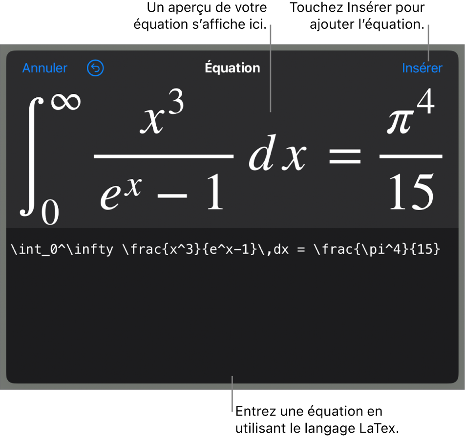 Zone de dialogue Équation, affichant une équation composée à l’aide des commandes LaTex et aperçu de la formule au-dessus.