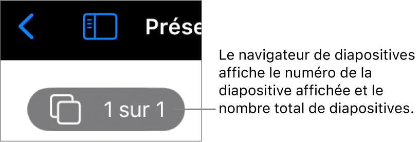 Le bouton du navigateur de diapositives affichant le numéro de la diapositive actuelle et le nombre total de diapositives dans la présentation.