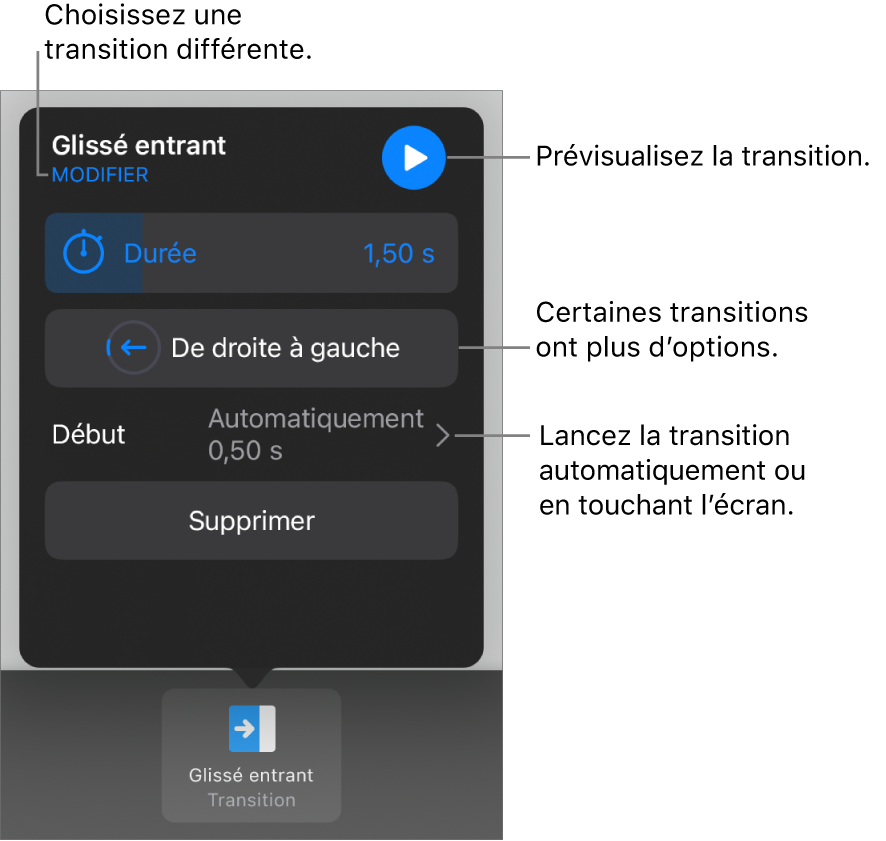 Commandes de la sous-fenêtre Options pour modifier une transition.