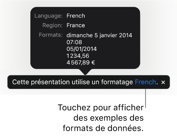 La notification du réglage de langue et de région différent affichant des exemples de la mise en forme correspondant à cette langue et à cette région.