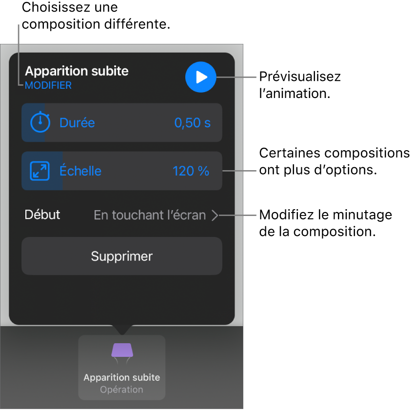 Les options de composition comprennent les minutages Durée et Début. Touchez Modifier pour choisir une composition différente, ou touchez Aperçu pour la prévisualiser.