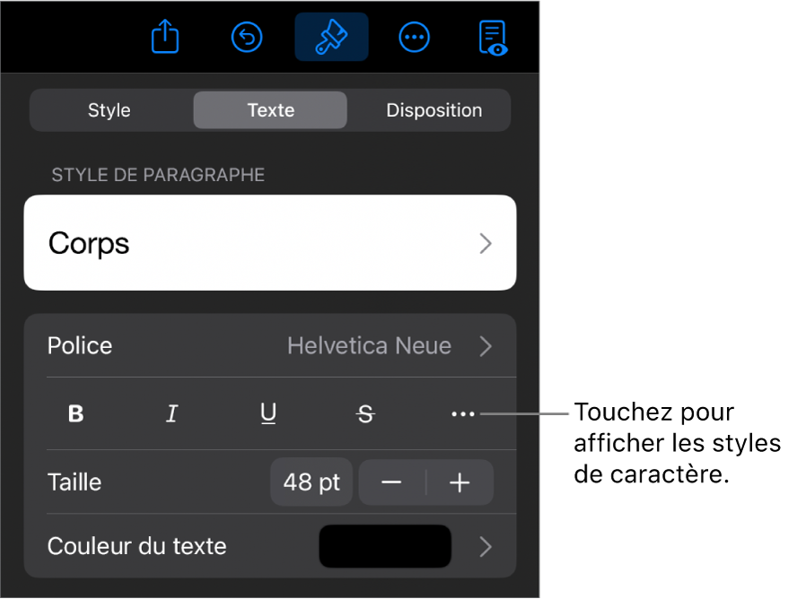 Les commandes de Format avec les styles de paragraphes en haut, puis les commandes de Police. Sous Police se trouvent les boutons Gras, Italique, Souligné, Barré et Plus d’options de texte.