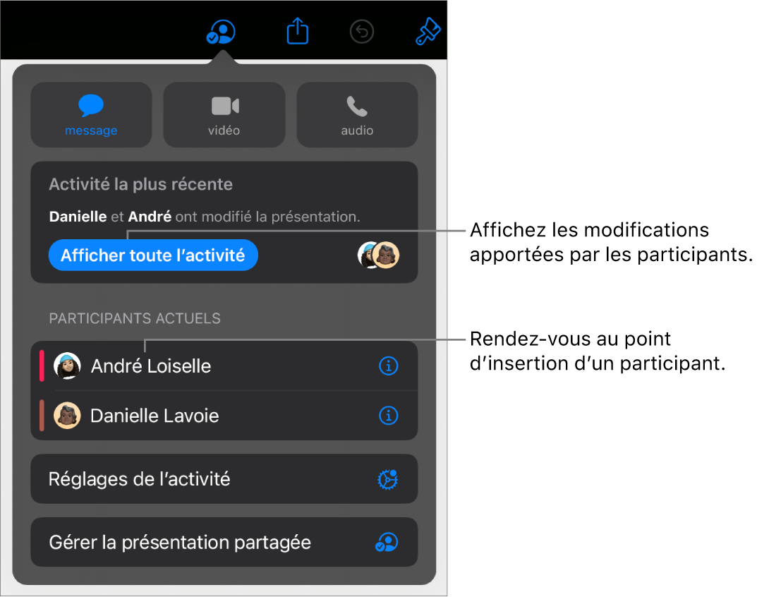 Le menu de collaboration avec la liste des participants actuels.