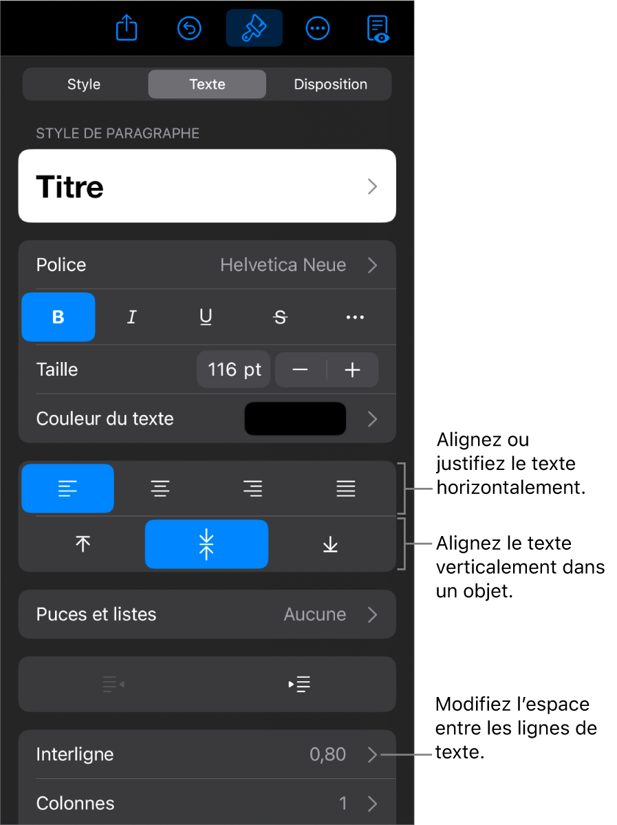 La sous-fenêtre Disposition avec les légendes des boutons d’alignement et d’espacement de texte.