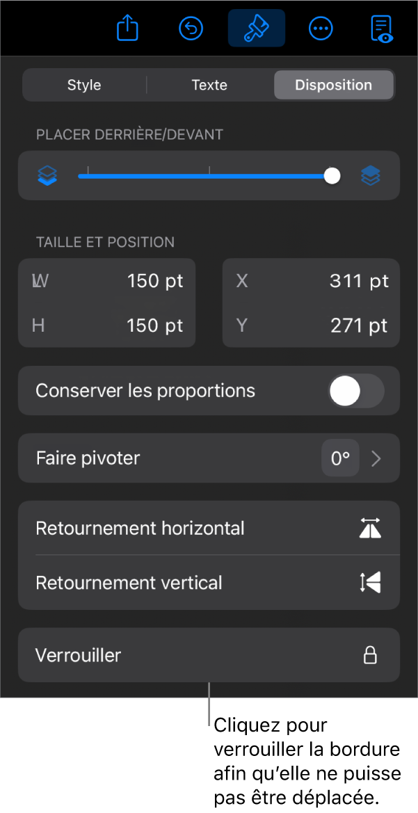 Les commandes Disposition dans le menu Format avec une légende reliée au bouton Verrouiller.